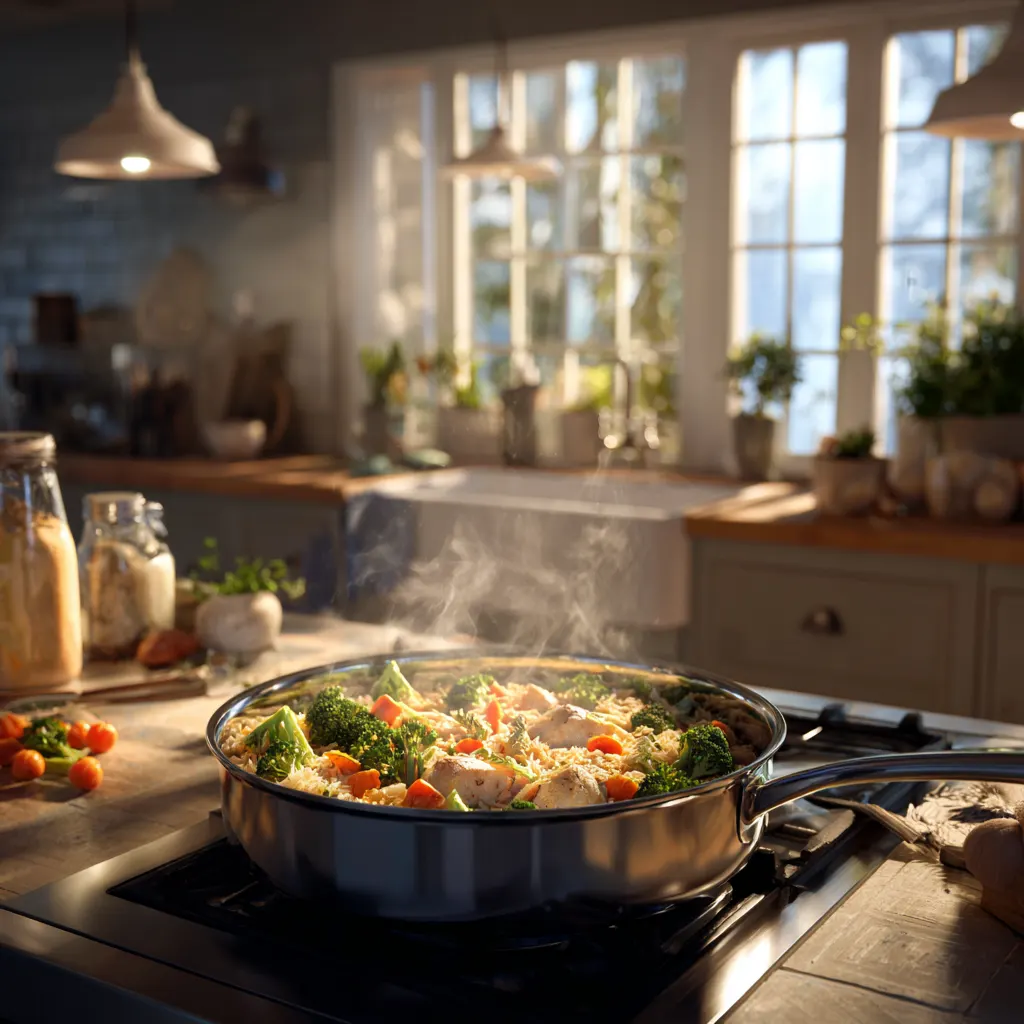 A steaming one-pot dinner with chicken, rice, and vegetables in a cozy kitchen, showcasing a quick and mess-free balanced meal.