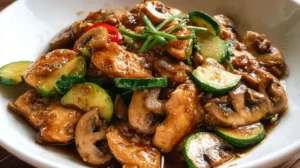 Stir-fried chicken with zucchini and mushrooms in garlic soy sauce, served in a white bowl