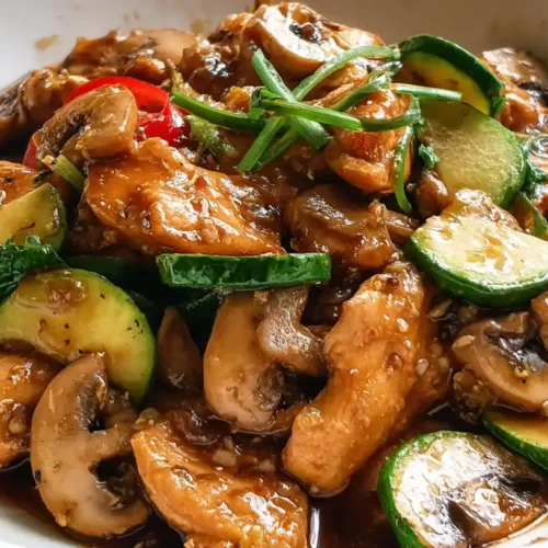 Stir-fried chicken with zucchini and mushrooms in garlic soy sauce, served in a white bowl