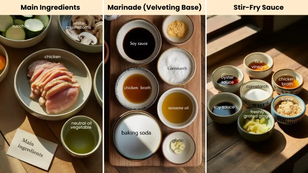 Flatlay of main ingredients, marinade elements, and stir-fry sauce components for Panda Express Mushroom Chicken