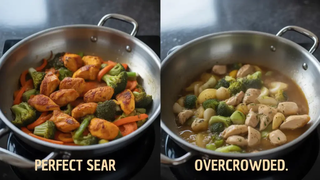 Side-by-side comparison of stir-fried chicken and vegetables in a stainless steel pan, left showing perfect sear, right showing overcrowded soggy result.