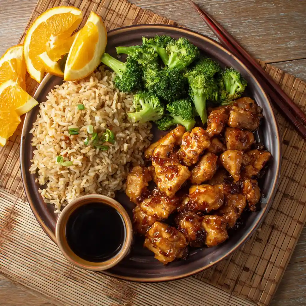 Orange chicken with broccoli, fried rice, and sauce on a white plate