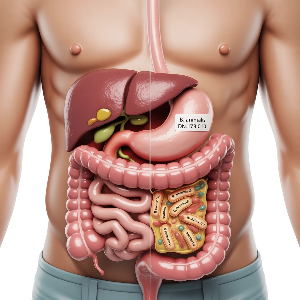 Illustration of human digestive system showing B. animalis DN-173 010 probiotics in intestines.