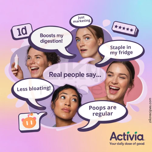 Collage of diverse women sharing real Activia yogurt reviews with speech bubbles on digestion benefits and skepticism