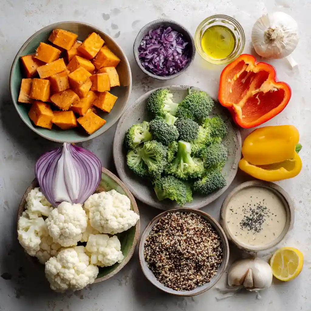 Ingredients for a roasted veggie grain bowl laid out on a countertop.