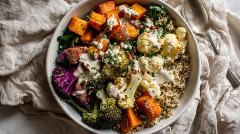 Overhead view of a colorful roasted veggie grain bowl with tahini drizzle.