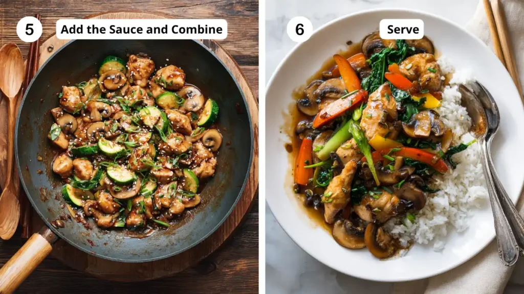 Final stir-fry of chicken, zucchini, and mushrooms in a wok beside a plated Panda Express Mushroom Chicken dish with rice and vegetables