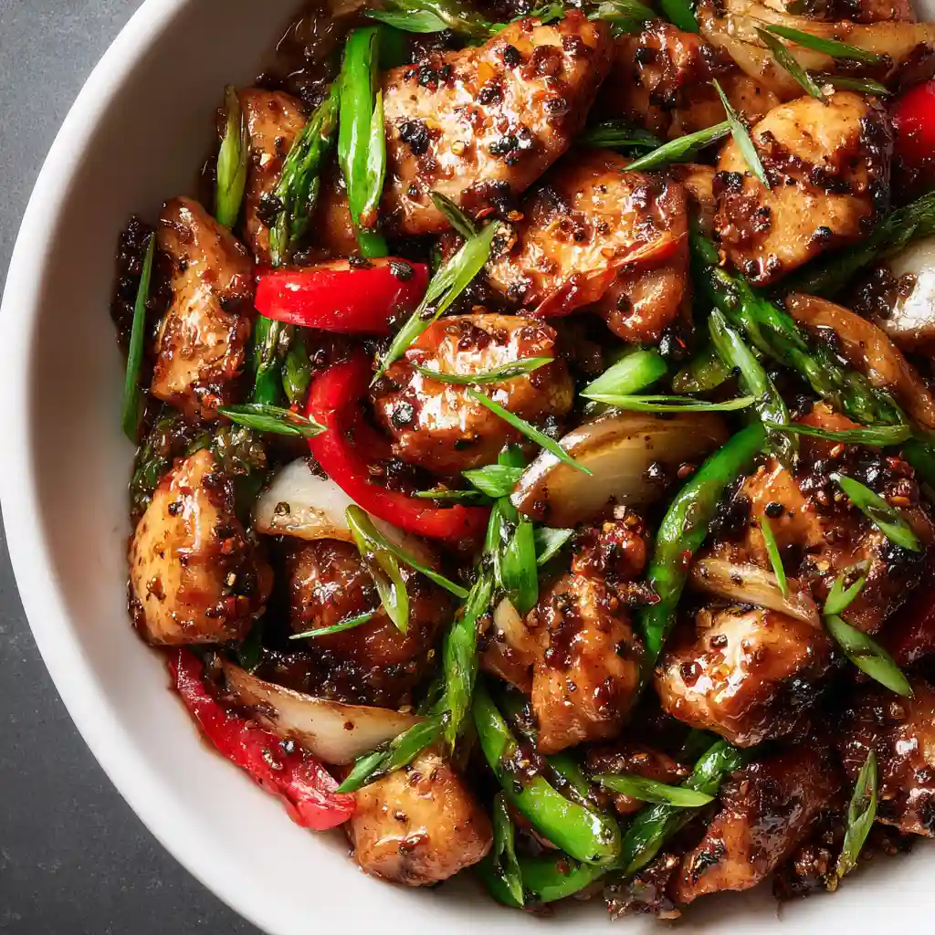 Glossy black pepper chicken stir-fry in a white bowl