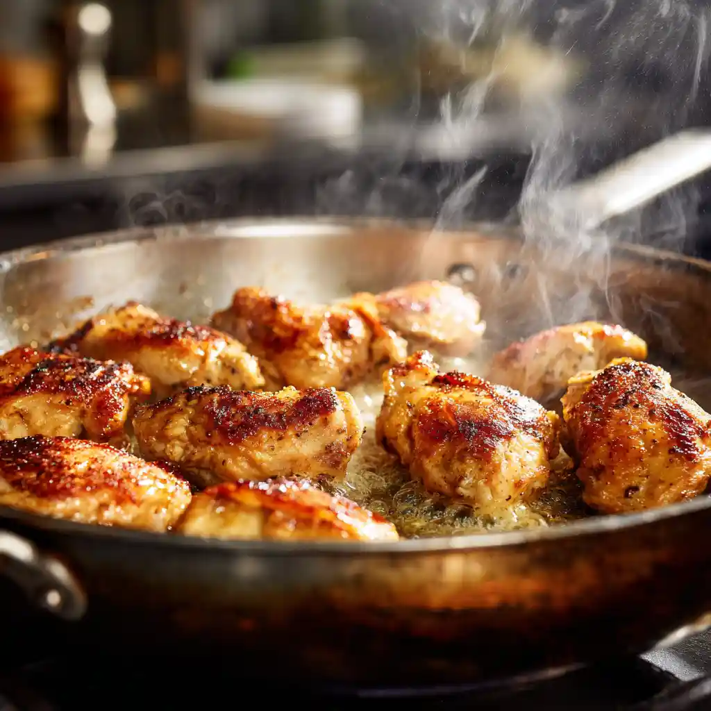 Chicken cubes searing in a skillet with golden edges