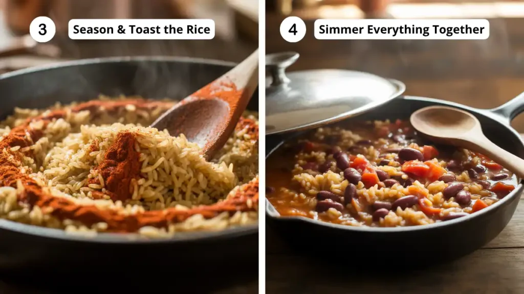 Two-panel image showing rice being seasoned with Tex-Mex spices and a skillet filled with rice, beans, and tomatoes simmering under a lid