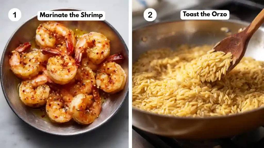 Side-by-side images showing marinated shrimp in a metal bowl and orzo being toasted in a skillet with a wooden spoon