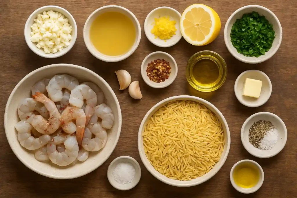 Top-down view of shrimp orzo ingredients in small bowls including raw shrimp, orzo pasta, garlic, lemon, herbs, feta, and spices
