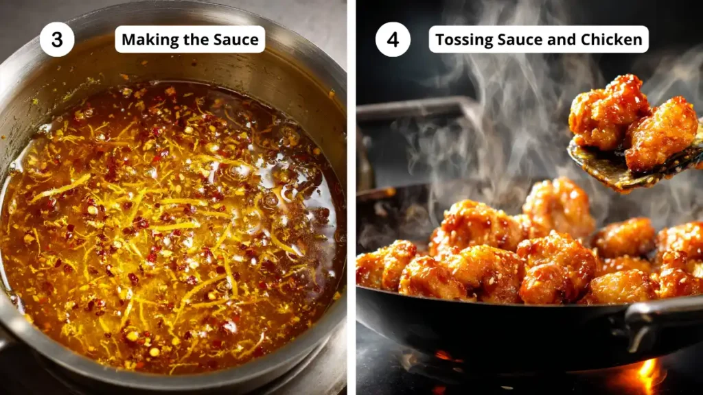 Spicy orange chicken sauce in a pot and crispy chicken being tossed in sauce