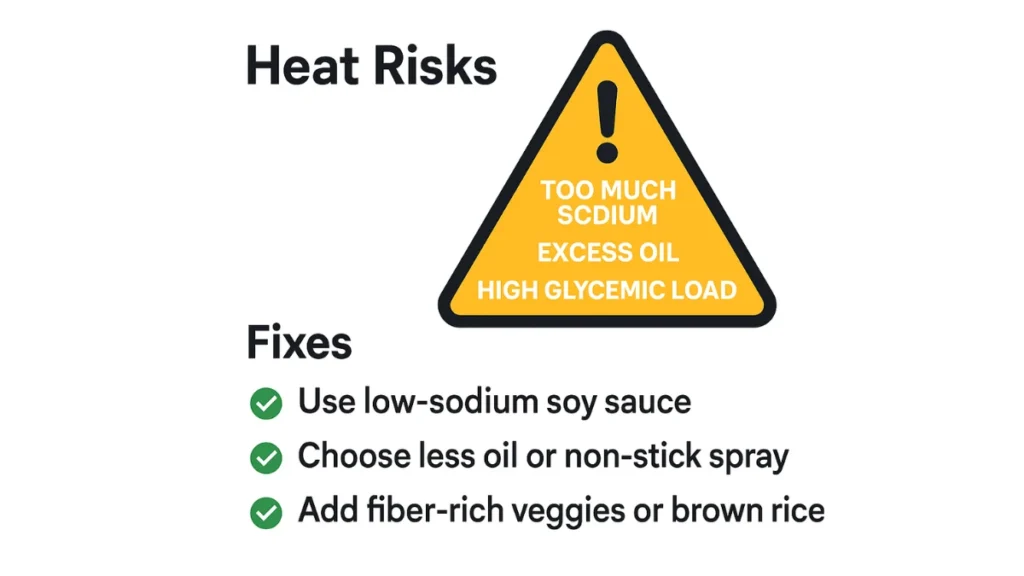 Yellow warning triangle listing ‘Too Much Sodium, Excess Oil, High Glycemic Load,’ with green-check ‘Fixes’ showing low-sodium soy sauce, less oil, and fiber-rich add-ins.