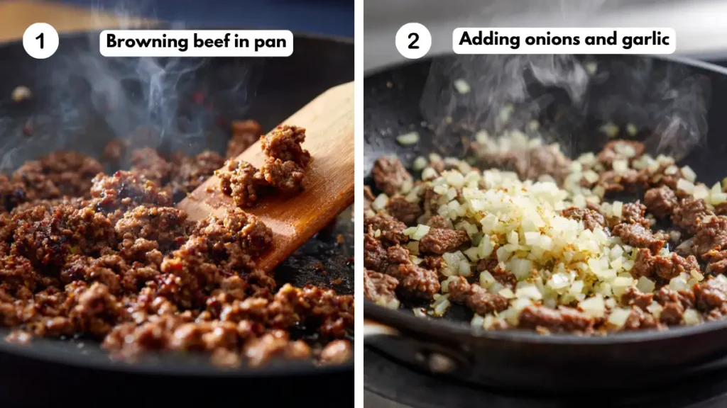 Side-by-side cooking steps: ground beef browning in a skillet with a wooden spatula, and diced onions and garlic being added to the beef in the same pan