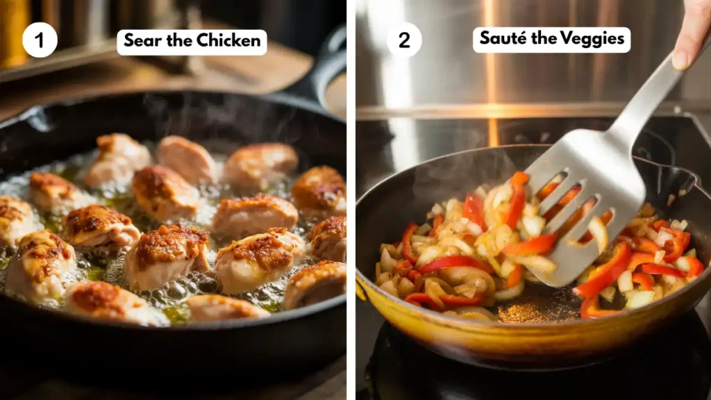 Side-by-side image showing step 1: chicken pieces searing in a hot skillet, and step 2: onions and red peppers being sautéed with a spatula