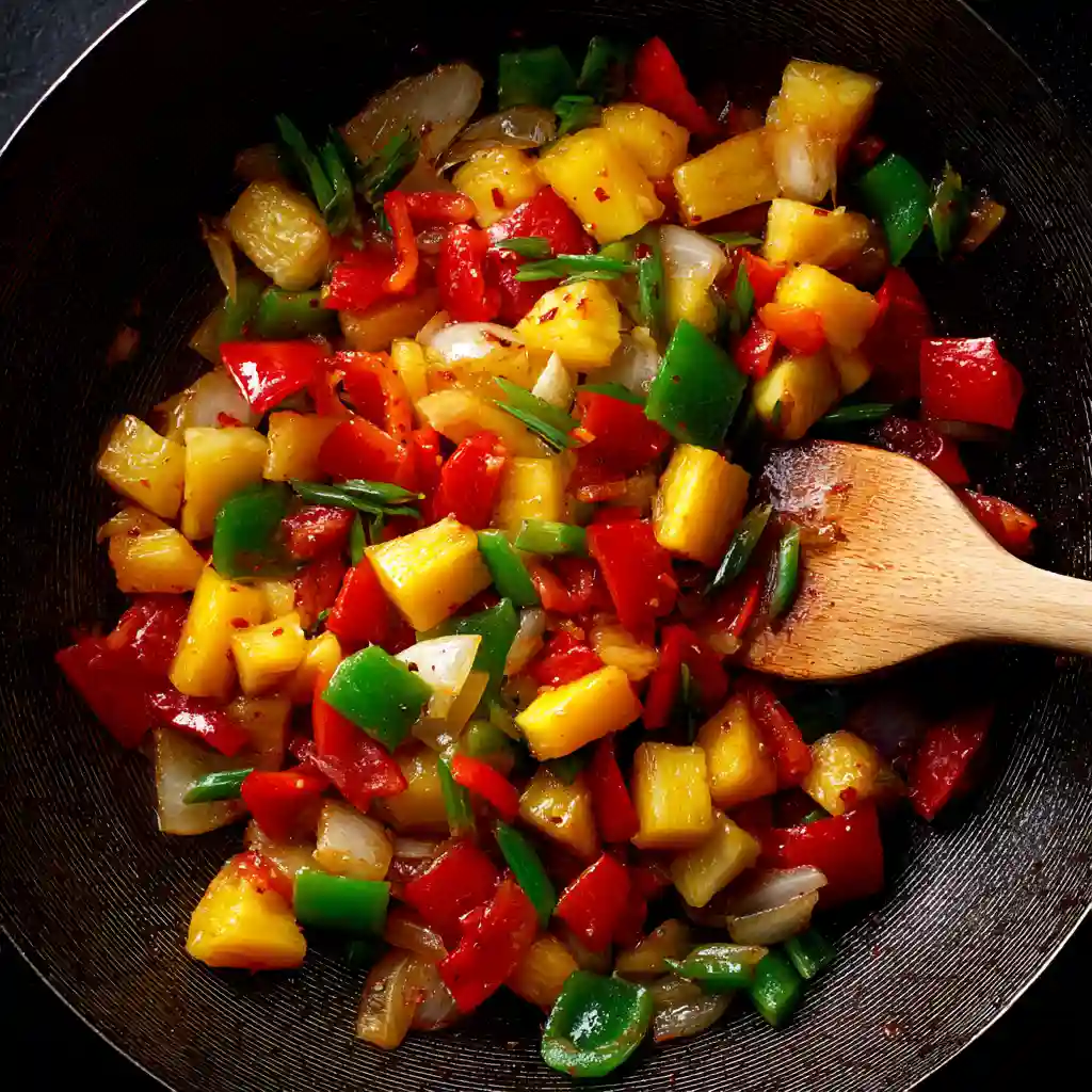 Colorful mix of red and green bell peppers, pineapple chunks, and onions being stir-fried in a wok with a wooden spatula.