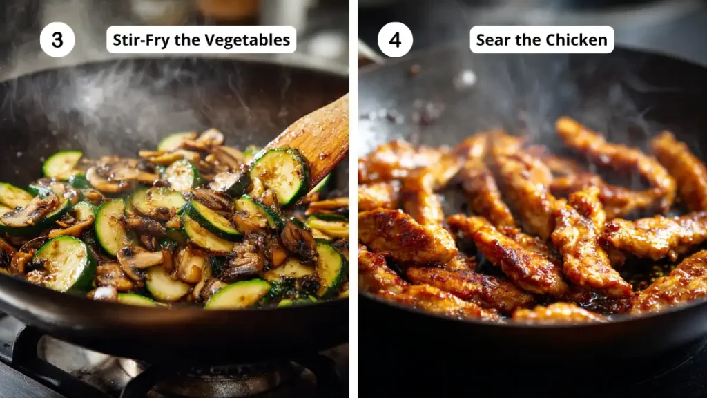Stir-fried chicken, mushrooms, and zucchini coated in sauce beside a plated dish with white rice and vegetables