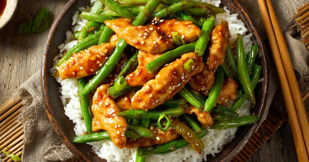 Top-down view of string bean chicken Panda Express copycat served with steamed white rice in a black bowl on a bamboo mat