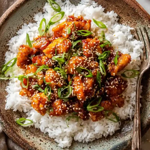 A plate of crispy homemade Panda Express SweetFire Chicken Breast served over white rice, garnished with green onions and sesame seeds.