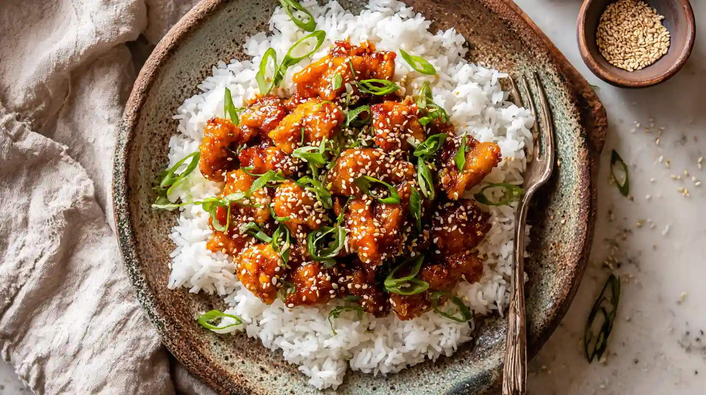 A plate of crispy homemade Panda Express SweetFire Chicken Breast served over white rice, garnished with green onions and sesame seeds.