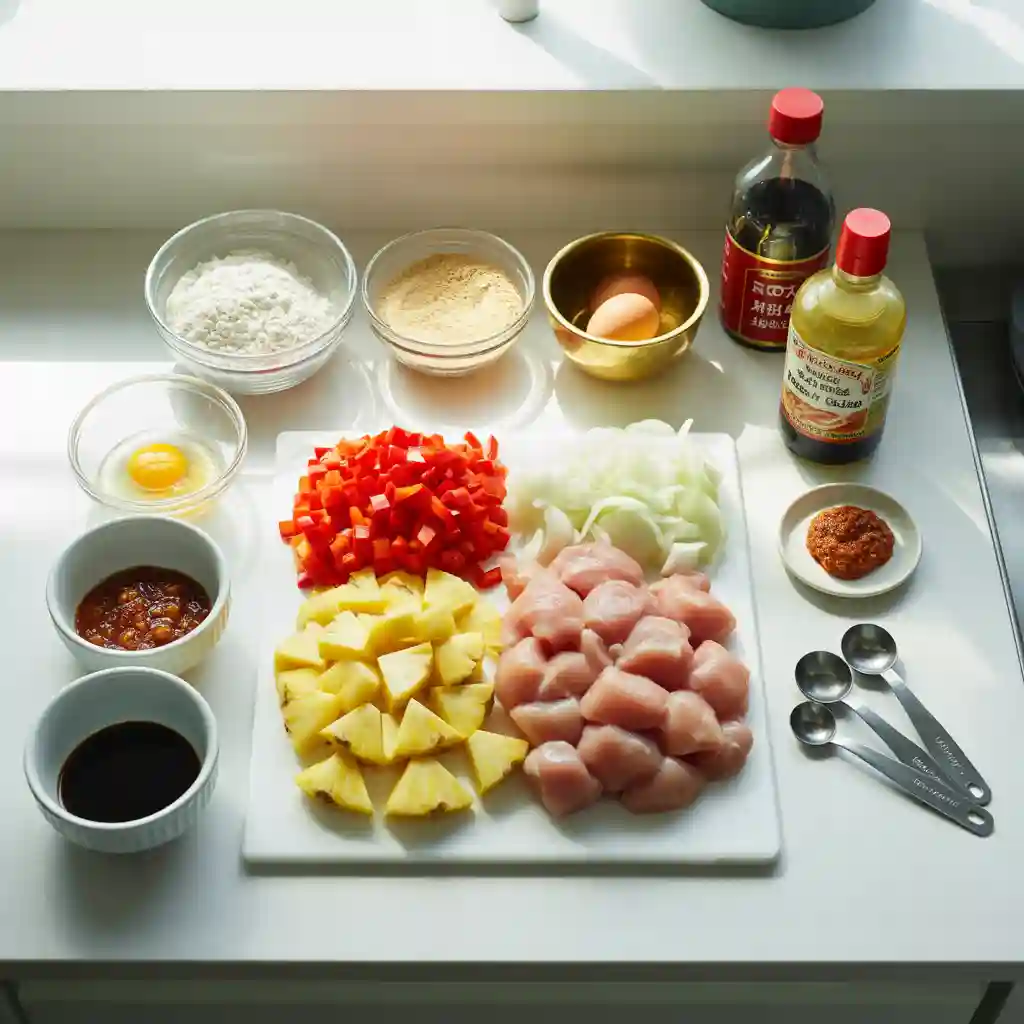 Overhead view of all ingredients for sweetfire chicken including chopped peppers, pineapple, raw chicken, sauces, and dredging bowls.