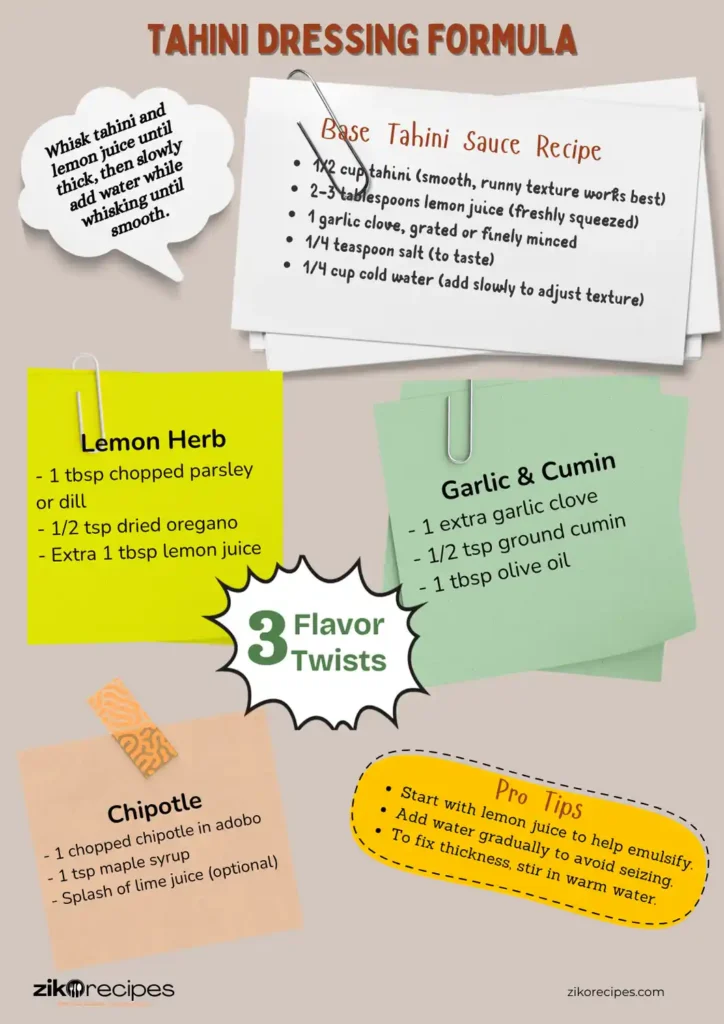 Visual guide showing how to make creamy tahini sauce with lemon herb, chipotle, and garlic cumin variations