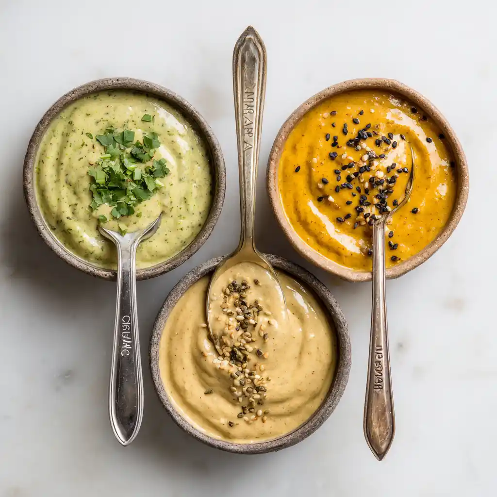 Three colorful tahini sauce variations in small bowls