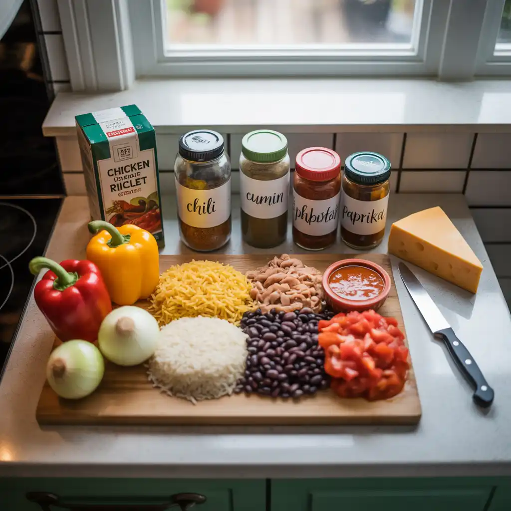 Top-down view of fresh ingredients for Tex-Mex chicken and rice skillet, including bell peppers, onions, rice, beans, cheese, spices, and chicken broth