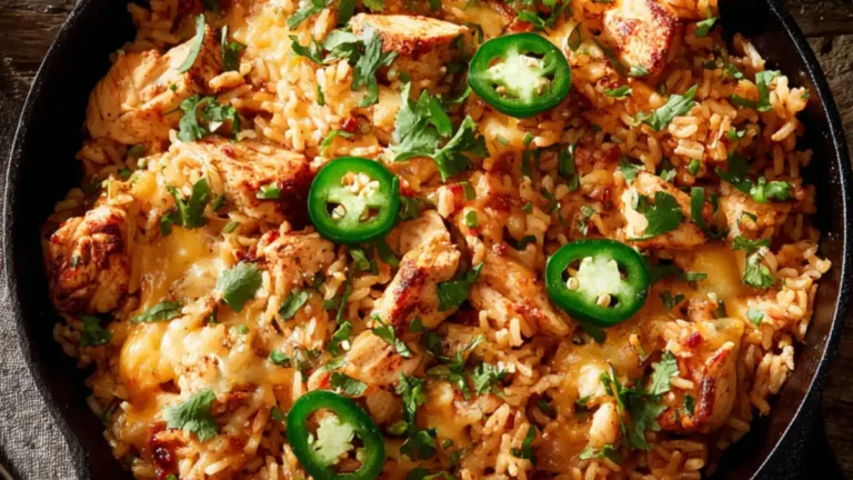 Close-up of a finished Tex-Mex chicken and rice skillet topped with melted cheese, fresh cilantro, and sliced jalapeños in a black cast iron pan