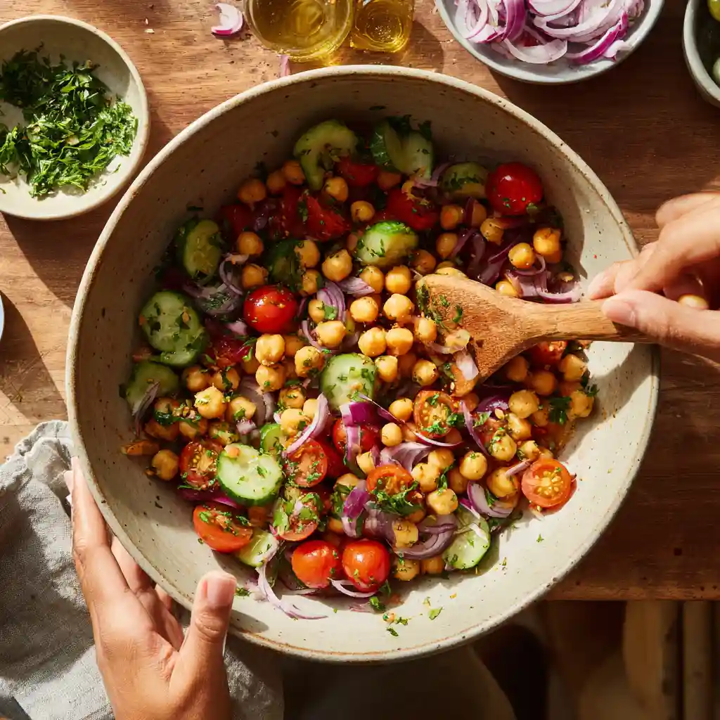 Tossing Mediterranean chickpea salad in a mixing bowl.