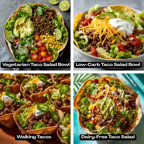 Four taco salad variations including vegetarian with lentils, low-carb over lettuce, walking tacos in chip bags, and dairy-free with vegan toppings.
