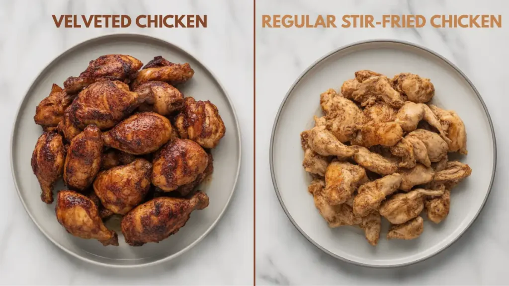 Side-by-side comparison of velveted chicken with glossy, browned exterior and regular stir-fried chicken that appears pale and dry.