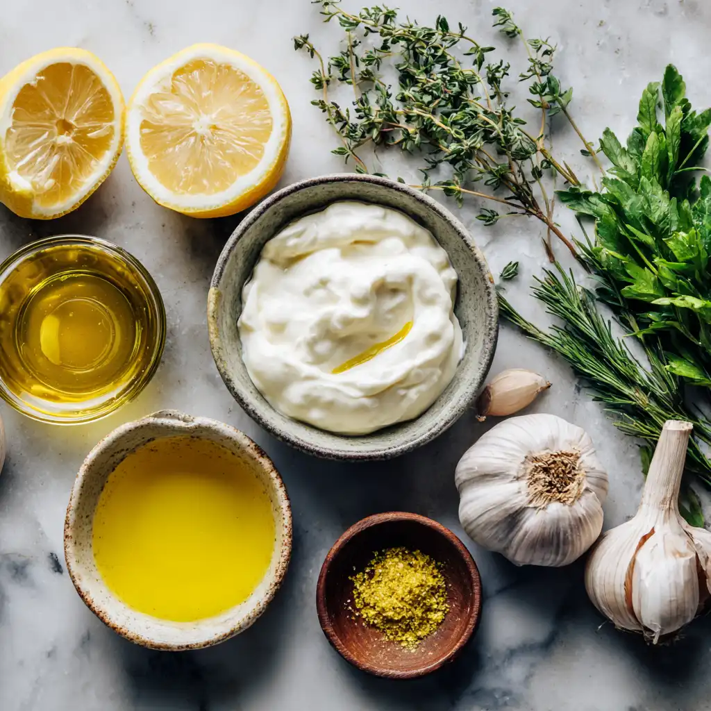 Ingredients for homemade Greek yogurt dressing.