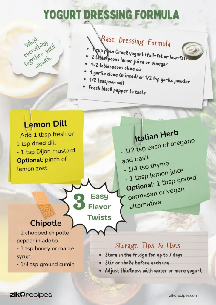 Visual guide showing how to make Greek yogurt dressing with lemon dill, chipotle, and Italian herb variations