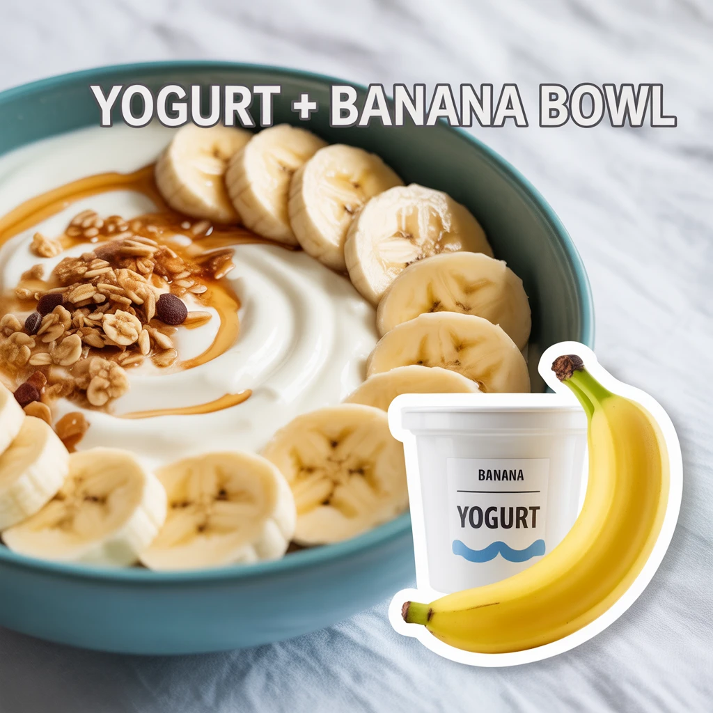 Close-up of a yogurt bowl topped with sliced banana, granola, and honey, with a banana and yogurt container illustration.