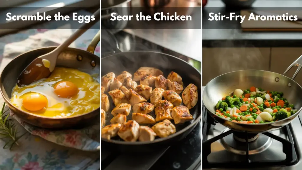 step-by-step collage showing eggs scrambled, chicken seared, and vegetables stir-fried