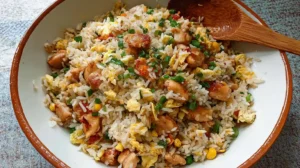 close-up of homemade chicken fried rice with egg, peas, and seared chicken in a ceramic bowl