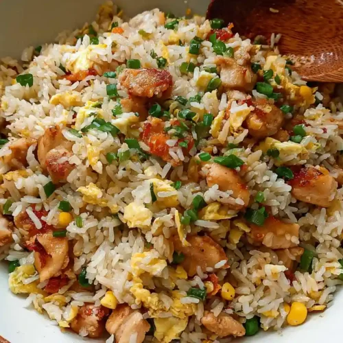 close-up of homemade chicken fried rice with egg, peas, and seared chicken in a ceramic bowl