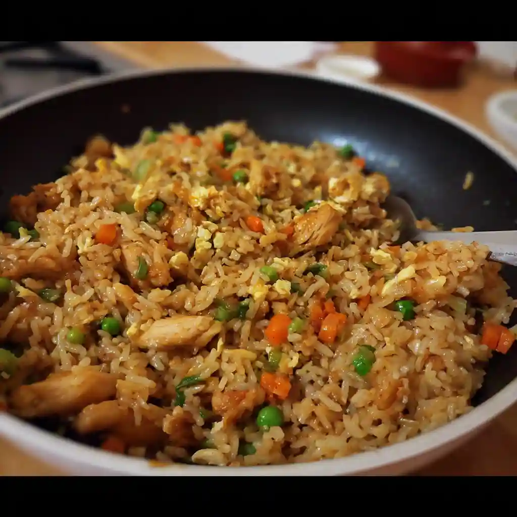 close-up of final dish in a skillet with peas, carrots, eggs, and soy-based sauce