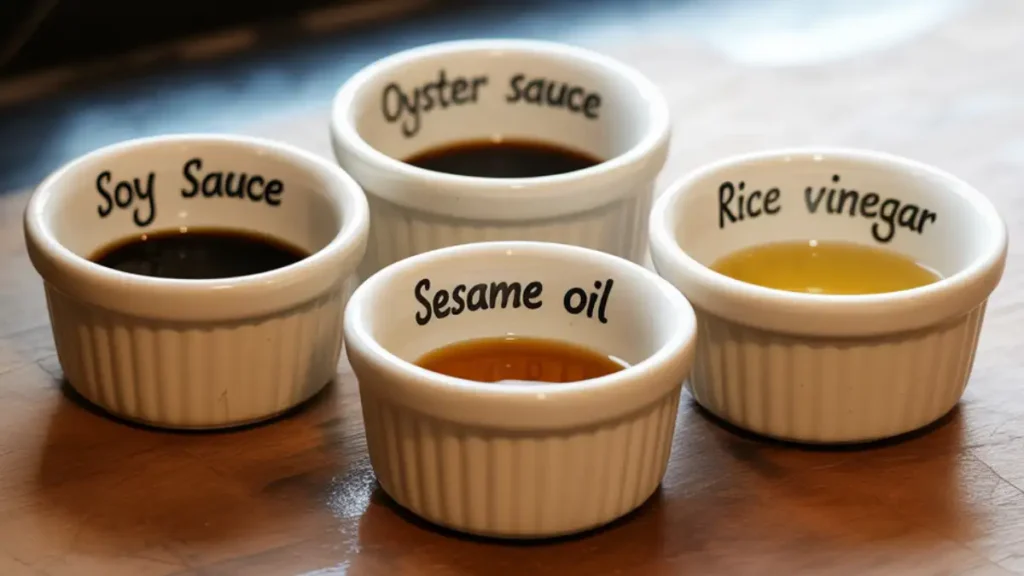 ramekins labeled soy sauce, oyster sauce, sesame oil, and rice vinegar for chicken fried rice