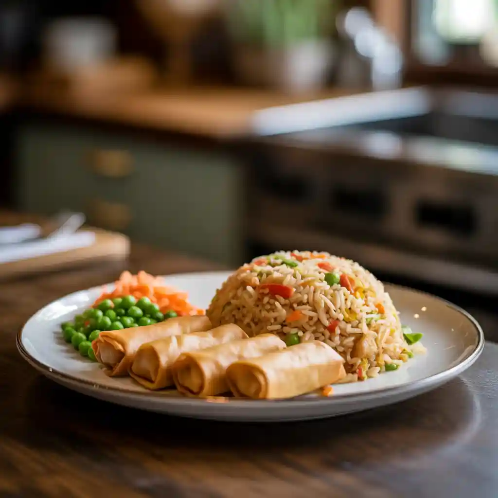 plated chicken fried rice served with spring rolls, green peas, and shredded carrots