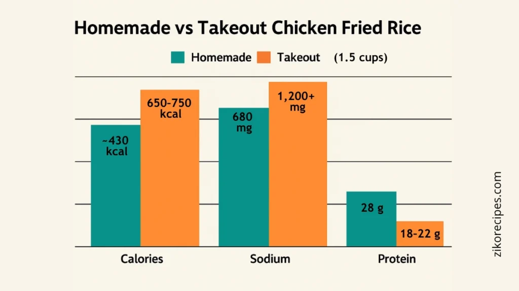 bar chart showing lower calories and sodium in homemade chicken fried rice compared to restaurant version