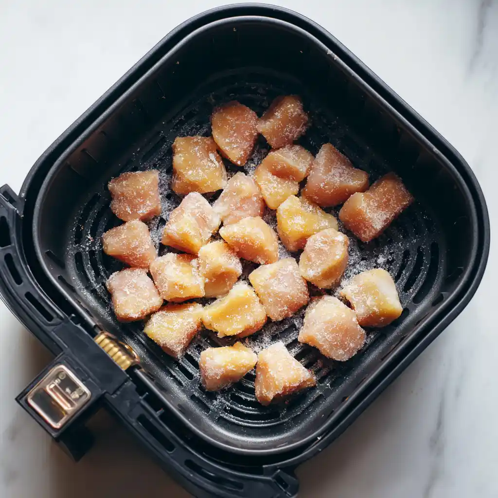Raw chicken cubes coated in cornstarch placed inside an air fryer basket