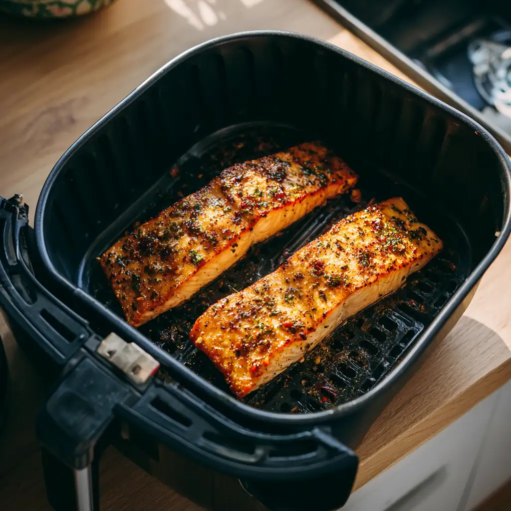 Salmon fillets with honey garlic glaze cooking in air fryer