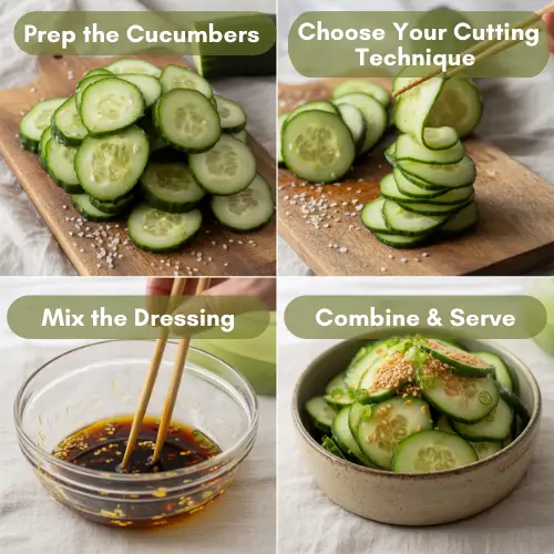 4-step instructional strip showing how to make Asian cucumber salad: salted cucumbers, smashed vs spiral-cut cucumbers, whisking soy sauce–rice vinegar–sesame oil–chili oil dressing, and final tossed salad garnished with sesame seeds and scallions in a ceramic bowl.