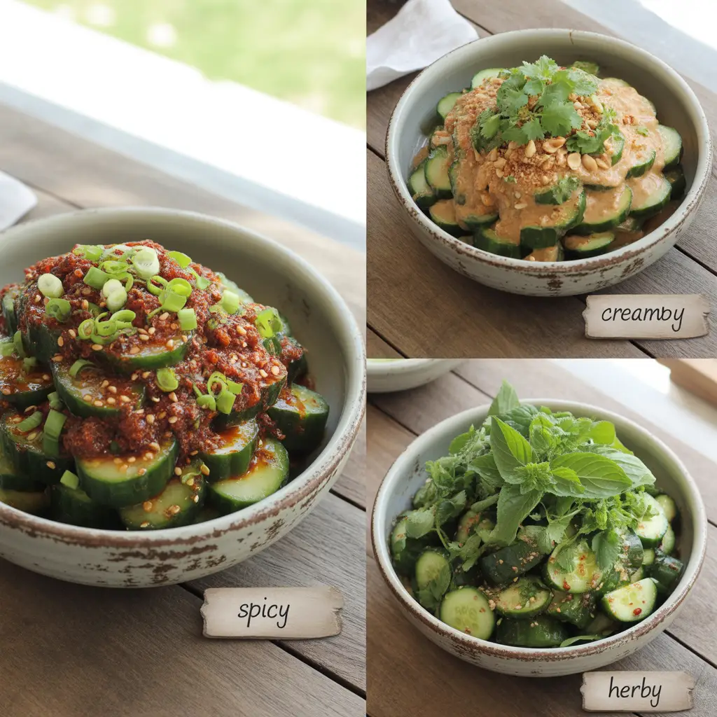 Collage of three Asian cucumber salad variations: one spicy with red chili oil glaze, one creamy miso-peanut style with crushed peanuts, and one herb-heavy version with mint, cilantro, and Thai basil.