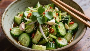 Asian cucumber salad served in a rustic ceramic bowl, made with smashed Persian cucumbers, chili crisp, garlic, soy sauce, rice vinegar, sesame oil, scallions, cilantro, and sesame seeds. Overhead shot with chopsticks on the side, highlighting the salad’s crunchy texture and vibrant colors.