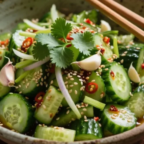 Asian cucumber salad served in a rustic ceramic bowl, made with smashed Persian cucumbers, chili crisp, garlic, soy sauce, rice vinegar, sesame oil, scallions, cilantro, and sesame seeds. Overhead shot with chopsticks on the side, highlighting the salad’s crunchy texture and vibrant colors.