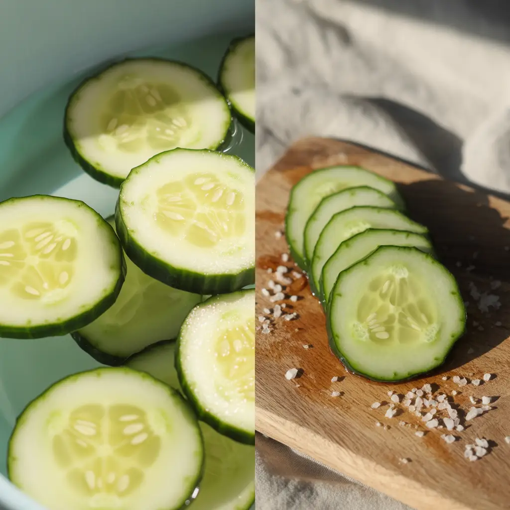 Side-by-side photo comparing unsalted watery cucumber slices releasing liquid vs properly salted cucumber slices that look firm and dry, prepared for Asian cucumber salad.